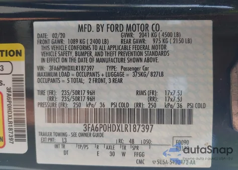 2020 Ford Fusion Se из США, поврежденный, VIN 3FA6P0HDXLR187397